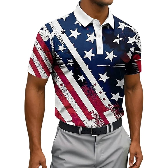 Men's 4th of July Graphic Polo Shirts Patriotic Independence Day Spring And Summer Casual Style Loose Fit Shirt With America Flag Design Print Blue 2XL