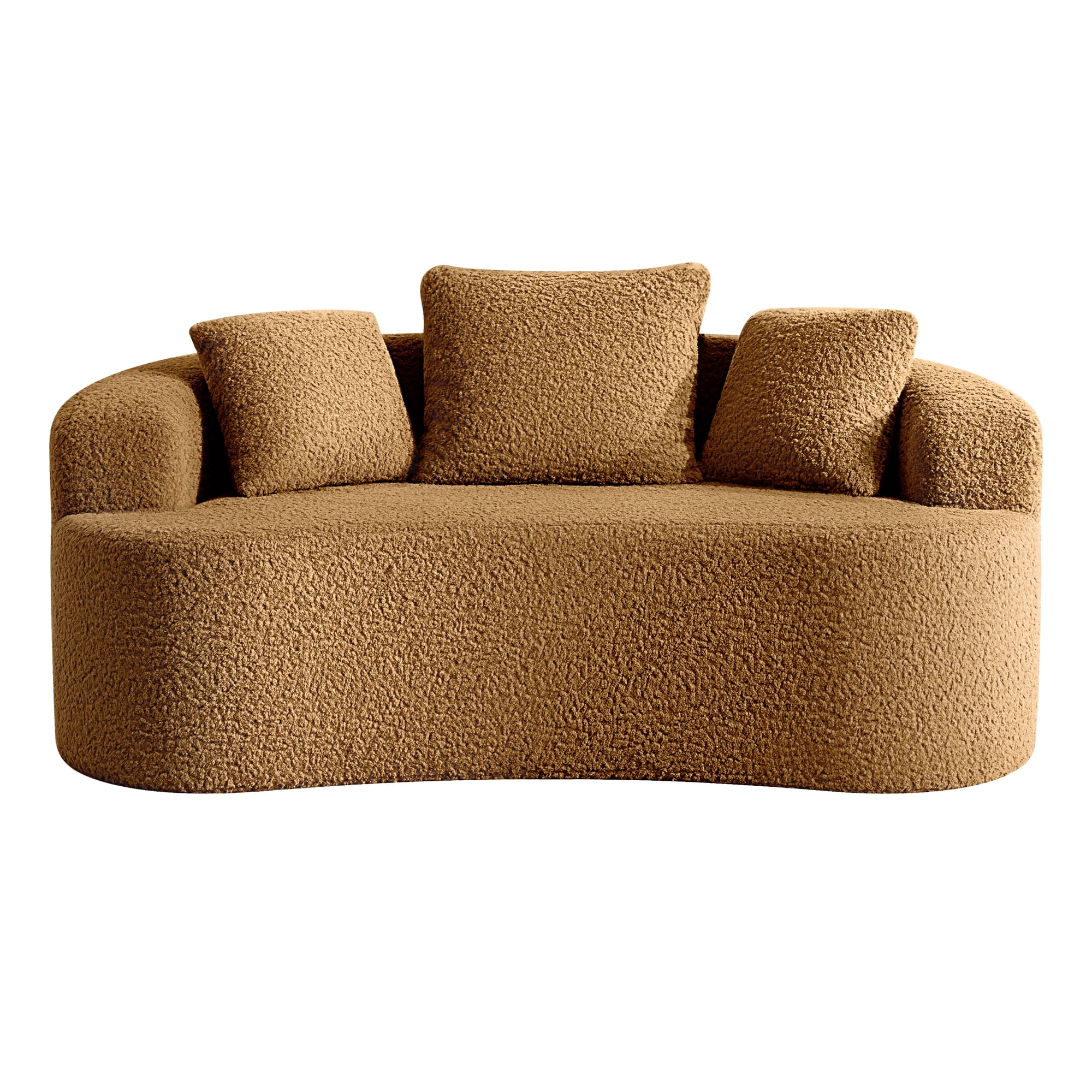 COOLHUT 65" 3 Seater Sofa Couch, Plush Floor Sofa Couch with Cozy Cushions & 3 Pillows, Curved Back Teddy Fabric Sofa for Living Room, Small Space, Brown (Sofa-in-a-Box)