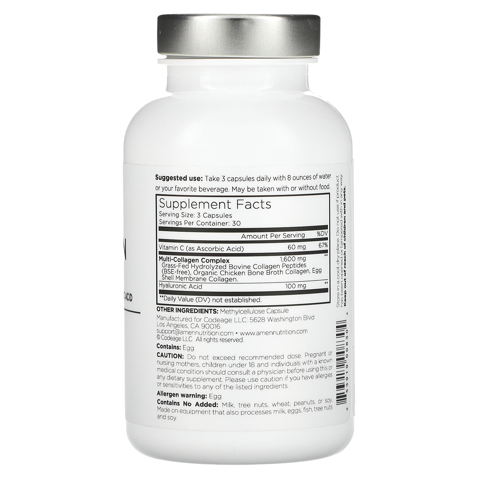 Amen Collagen Peptides Capsules, Hyaluronic Acid, Vitamin C, 90 Ct