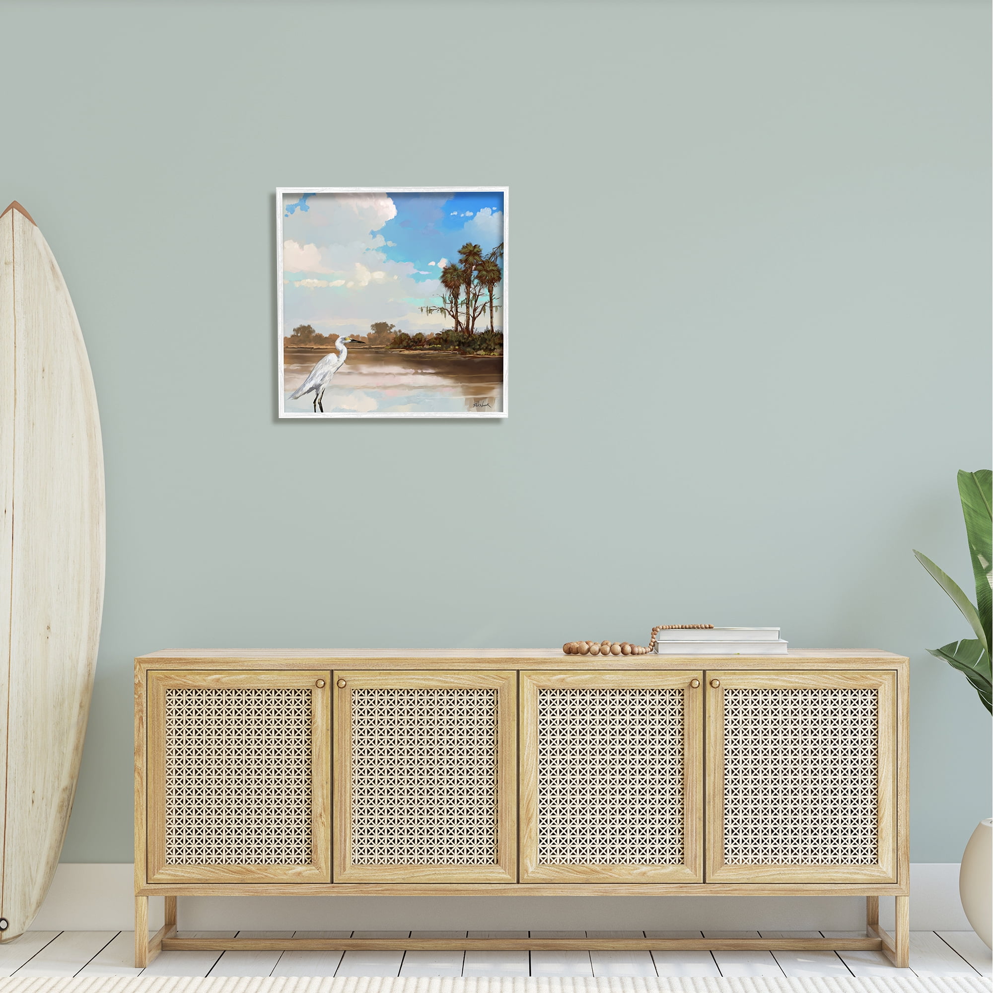 Stupell Egret Tropical Beach Scenery Landscape Painting White Framed Art Print Wall Art