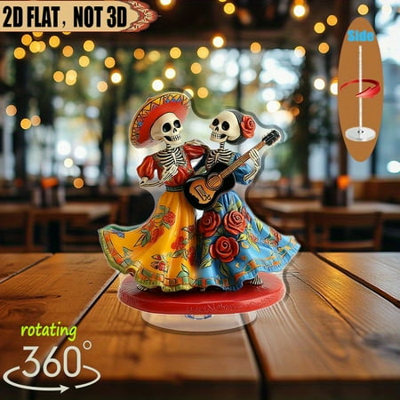[2D flat] 1PC Rotating acrylic centerpiece featuring two skeletons in traditional attire celebrating life perfect for fiestas, themed parties, and cultural events