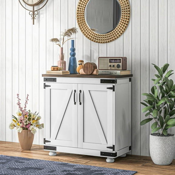 HOMCOM Kitchen Sideboard, Modern Buffet Cabinet with Barn Door and Adjustable Shelf, Pantry Cabinet, Distressed White and Brown
