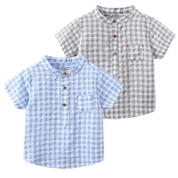 FLMEI 1-6 Years Little Boys Cotton Shirts Tops Short-Sleeved Tee Shirts Plaid Shirt Button Blouses for Kids Toddler