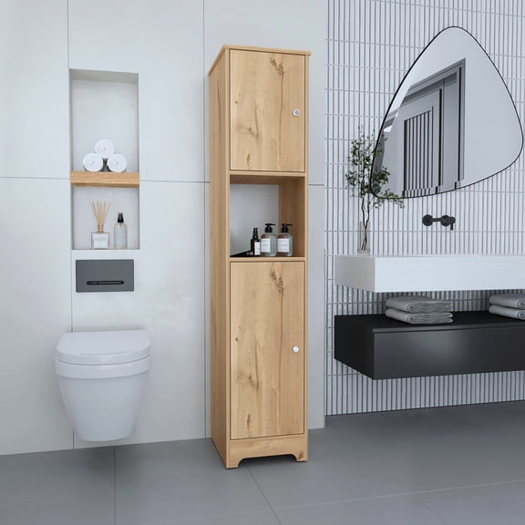 Oak Linen Storage Cabinet - 2 Compartments, 4 Interior Shelves, 1 Open Shelf For Displaying Decorative Objects, Made Of Manufactured Wood Strong