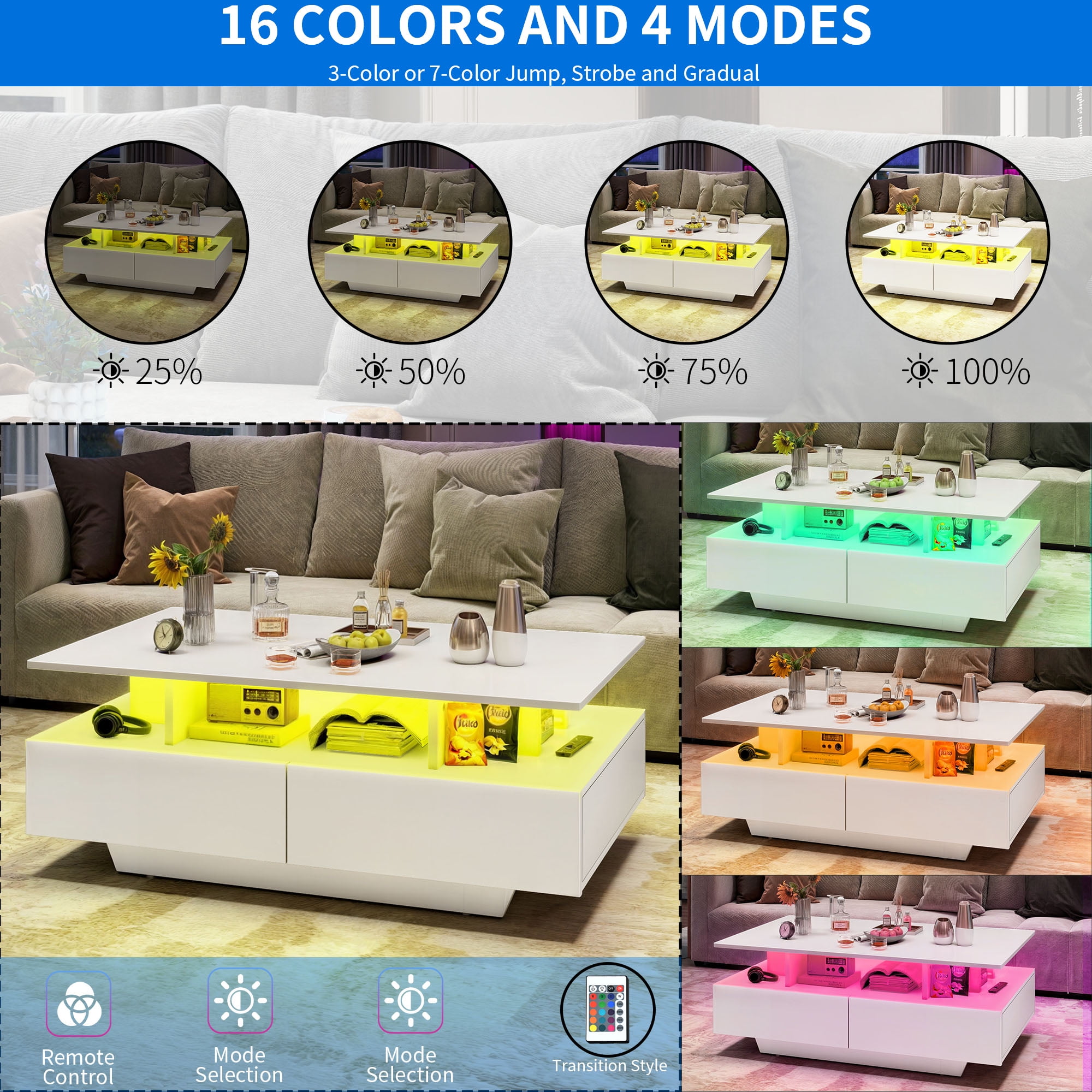 Uforic LED Coffee Table, Modern Center Tables with Storage for Living Room, White