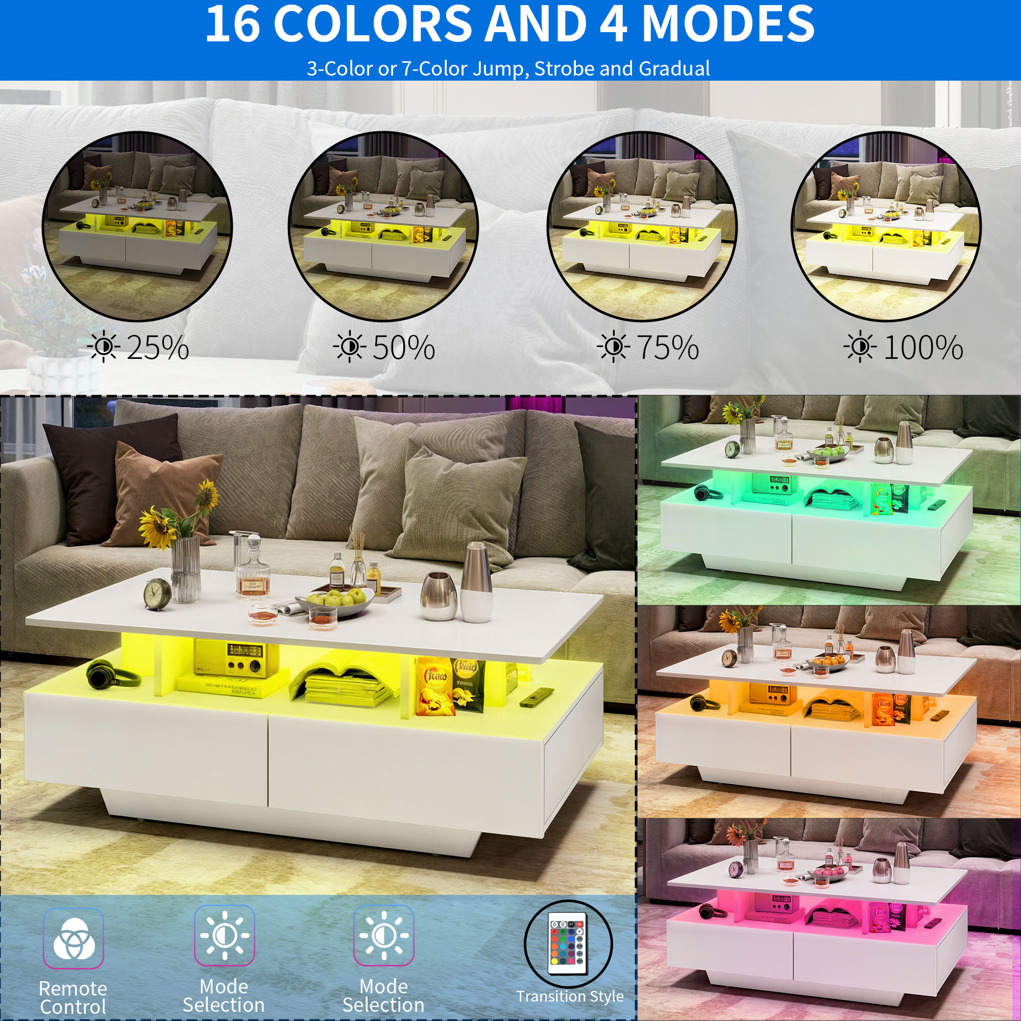 Uforic LED Coffee Table with Storage, Modern White photo 5