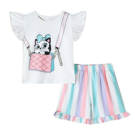 Rhuody outfits for girls 4-5 Years Short Sleeve Round Neck Summer Cat Print T Shirt Striped Shorts Set With Bow Crossbody Bag Retro Girl Clothing White