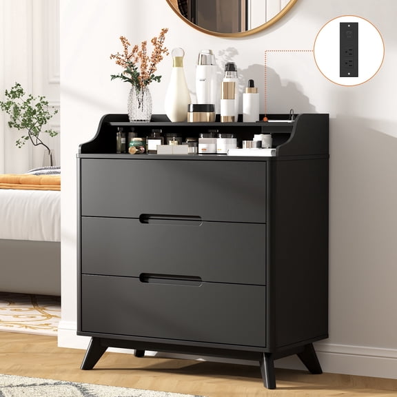 3 Drawer Chest Dressers with Charging Station for for Bedroom Living Room, Whhite