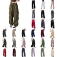 thumbnail image 4 of Pantalones cargo para mujer de talle alto, rectos, pierna ancha, pantalones palazzo Y2K con cordón de color sólido, pantalones holgados con bolsillo, 4 of 5