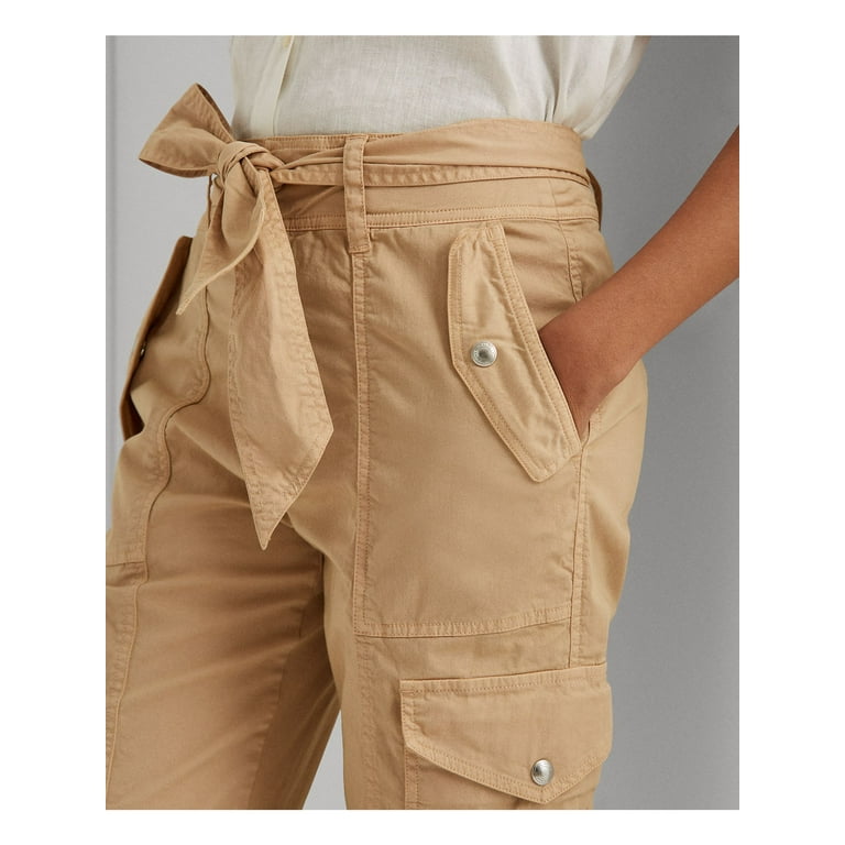 LAUREN RALPH LAUREN Womens Beige Stretch Zippered Pocketed Cargo Hi-waist  Ankle Tie Belt Straight leg Pants 8