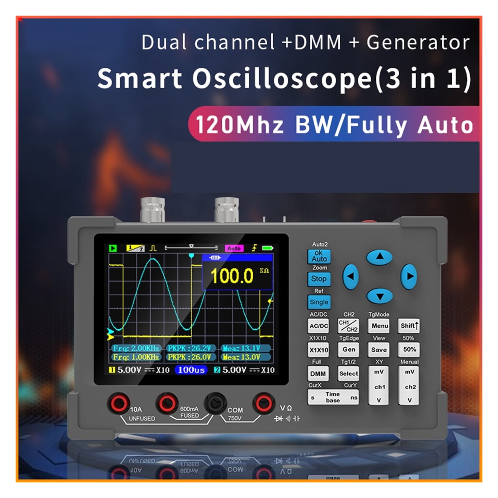 3in1 Digital Oscilloscope Multimeter Signal Generator Dual Channel 120Mhz Bandwidth 250MSa/s Sampling Rate Handheld Oscilloscope ,Professional Designed