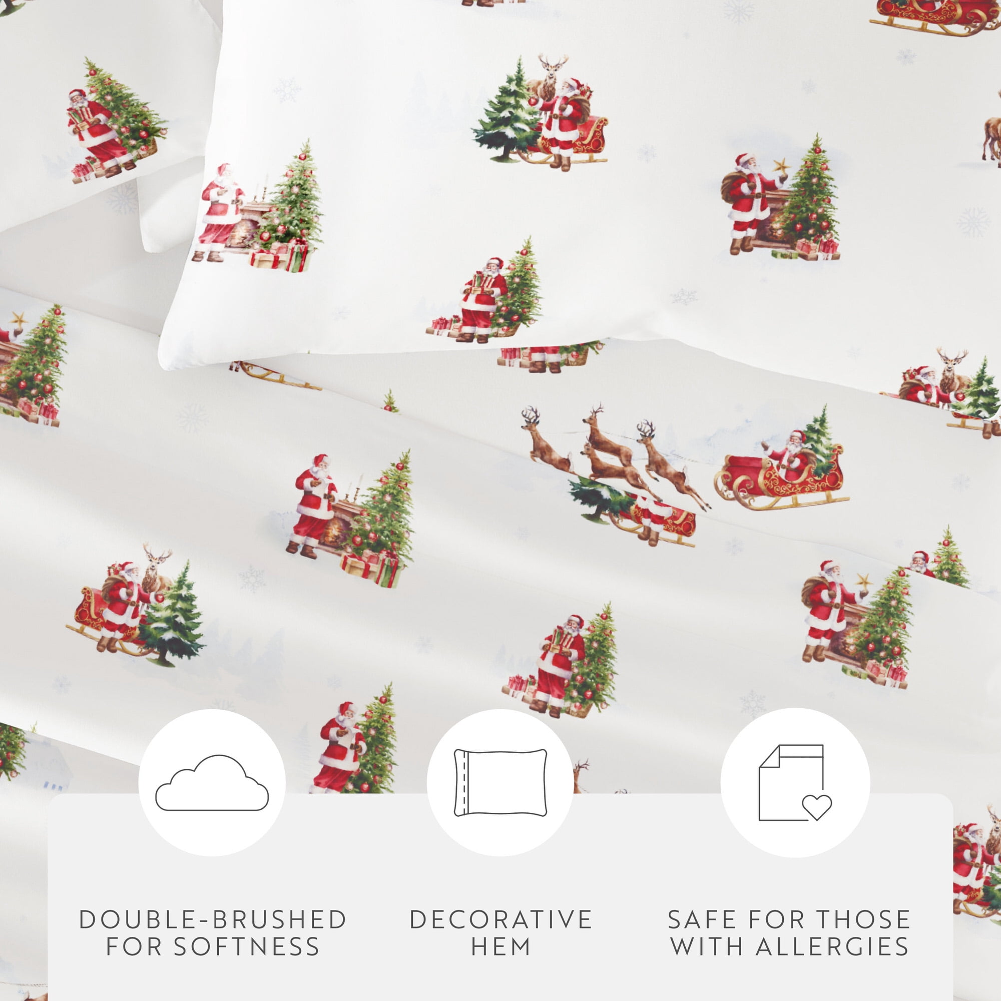 Noble Linens 4 Piece Holiday Microfiber Bed Sheet Set, Vintage Santa, Queen