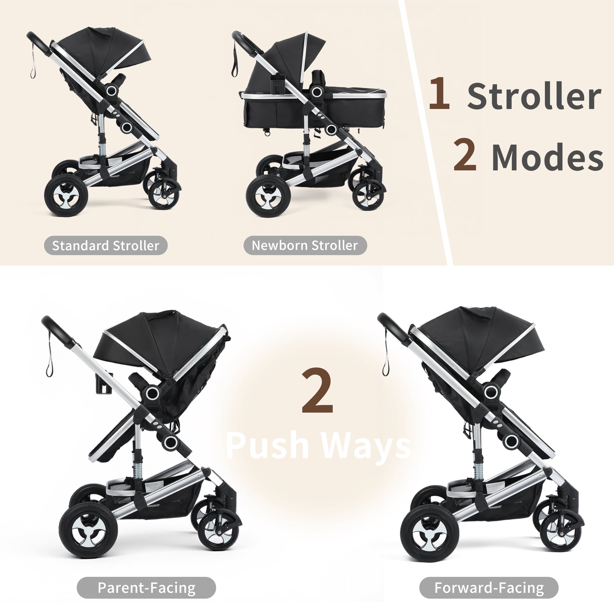 AILEEKISS 3-in-1 Convertible Baby Stroller with Big Seat and Adjustable Canopy, 24 Pounds, Black Silver