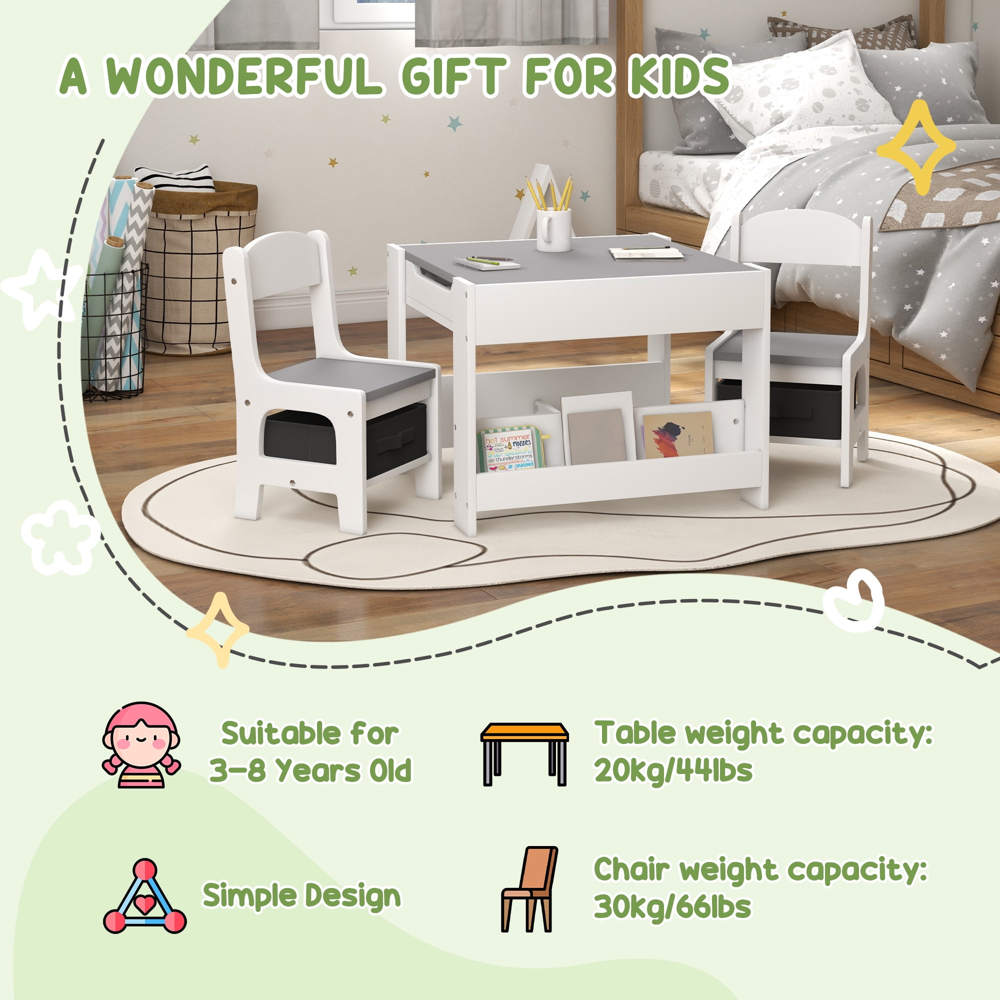 Qaba 3PCs Kids Table and Chair Set with Blackboard & Storage, Gray