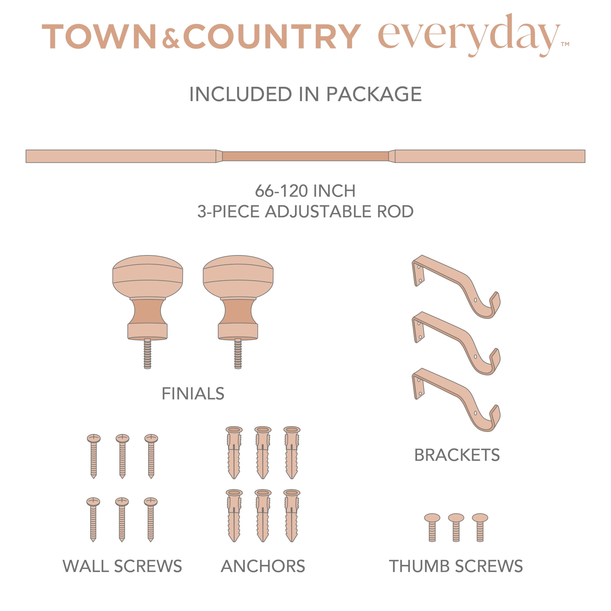 TOWN & COUNTRY EVERYDAY Modern Rounded Cap Single Indoor Curtain Rod and Finial Set, Easy Install Wall Mount, Matte Gold, Adjustable 66”-120”