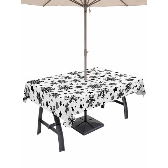 Outdoor Tablecloth with Umbrella Hole and Zipper, Christmas Snowflakes Rectangle Table Cloth 52x70 Inch Waterproof Tablecloth, Xmas Winter Watercolor Black Picnic Table Cover for Patio Camping