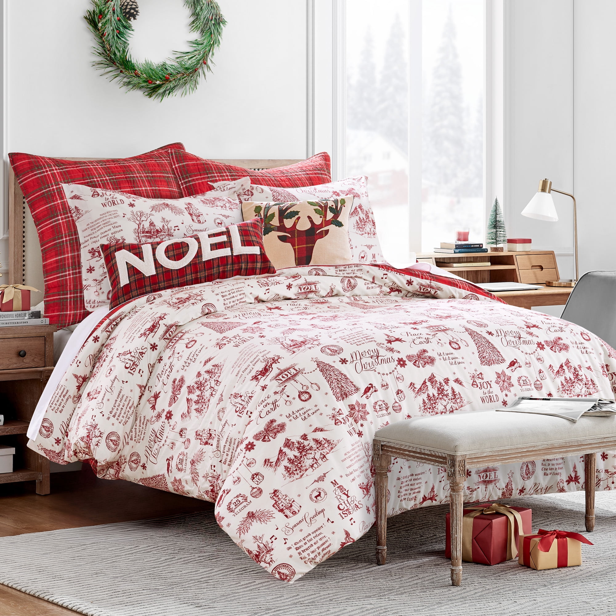 Levtex Home - Yuletide Comforter Set - Twin Comforter + One Standard Pillow Cases - Christmas Holiday Script - Red and Cream - Comforter (68 x 88in.) and Pillow Case (26 x 20in.) - Cotton