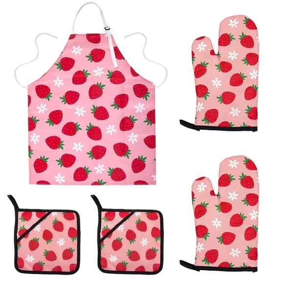 Numjaw 5Pcs Kitchen Stuff Accessories, Woman Kitchen Oven Mitts and Pot Holders Sets with Cooking Aprons for Women,Gifts for Women, Strawberry print