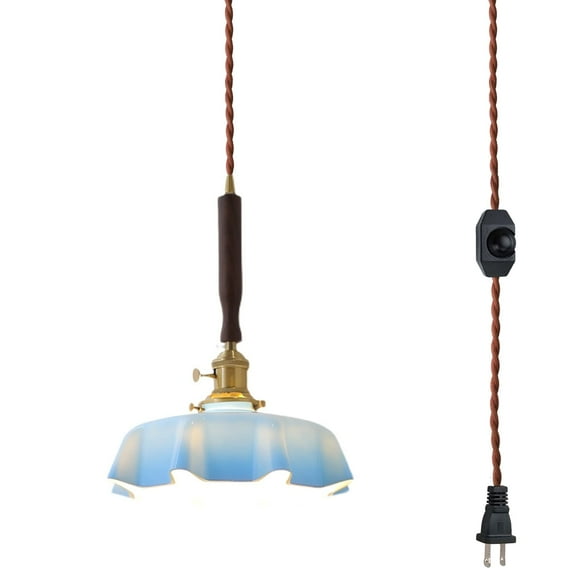 FSLiving Hanging Swag Pendant Light with 15ft Plug-in UL Dimmable Cord Walnut Handle Brass E26 Socket Tiffany Aqua Blue Glass Lamp Nordic Industrial Hanging Lamp for Corner Lighting - 1 Light