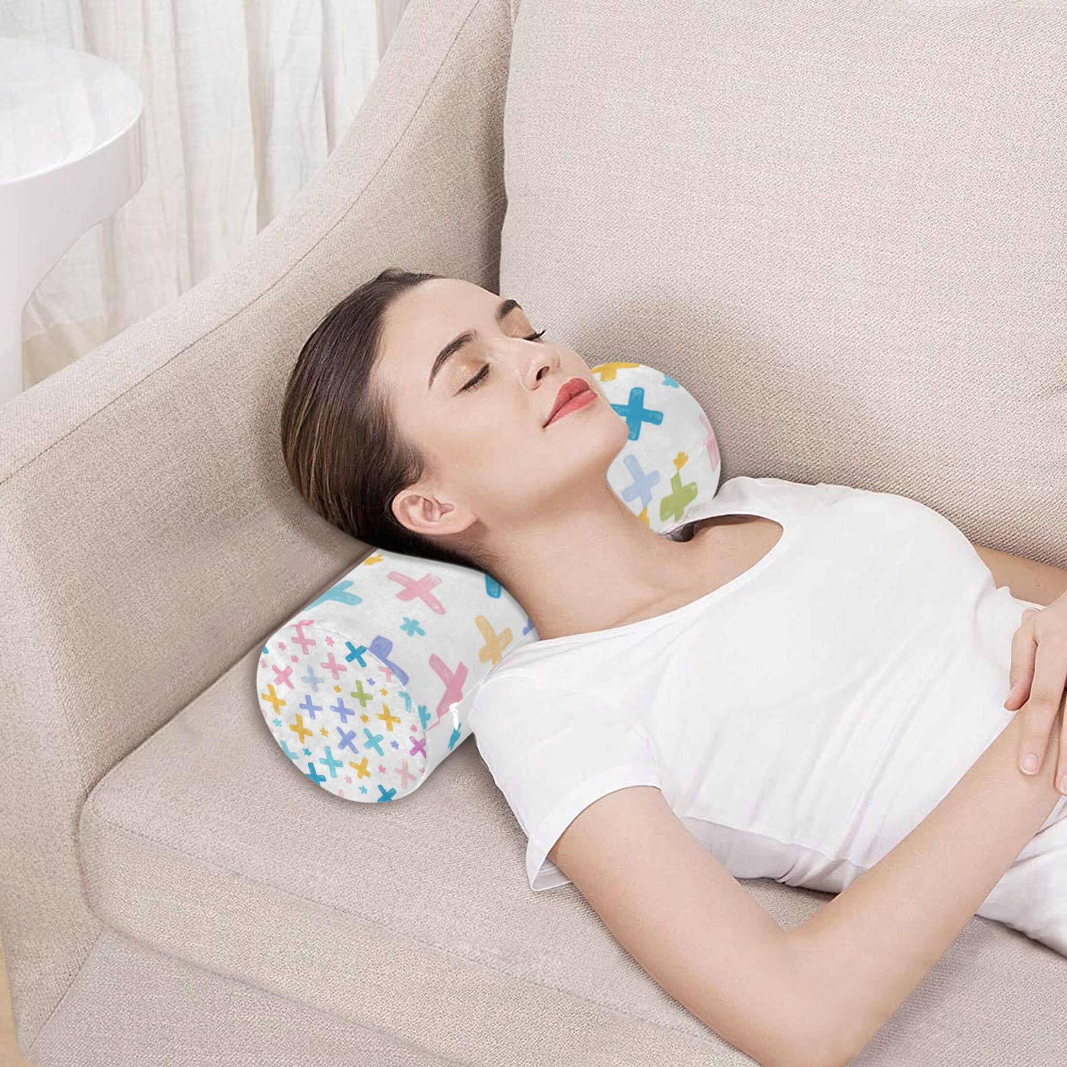 Neck pillow Round Cervical Pillow Cylindrical Pillow Lumbar Pillow Sofa Headrest Pillow Support For the Back, Neck and Head Cartoon Color Cross