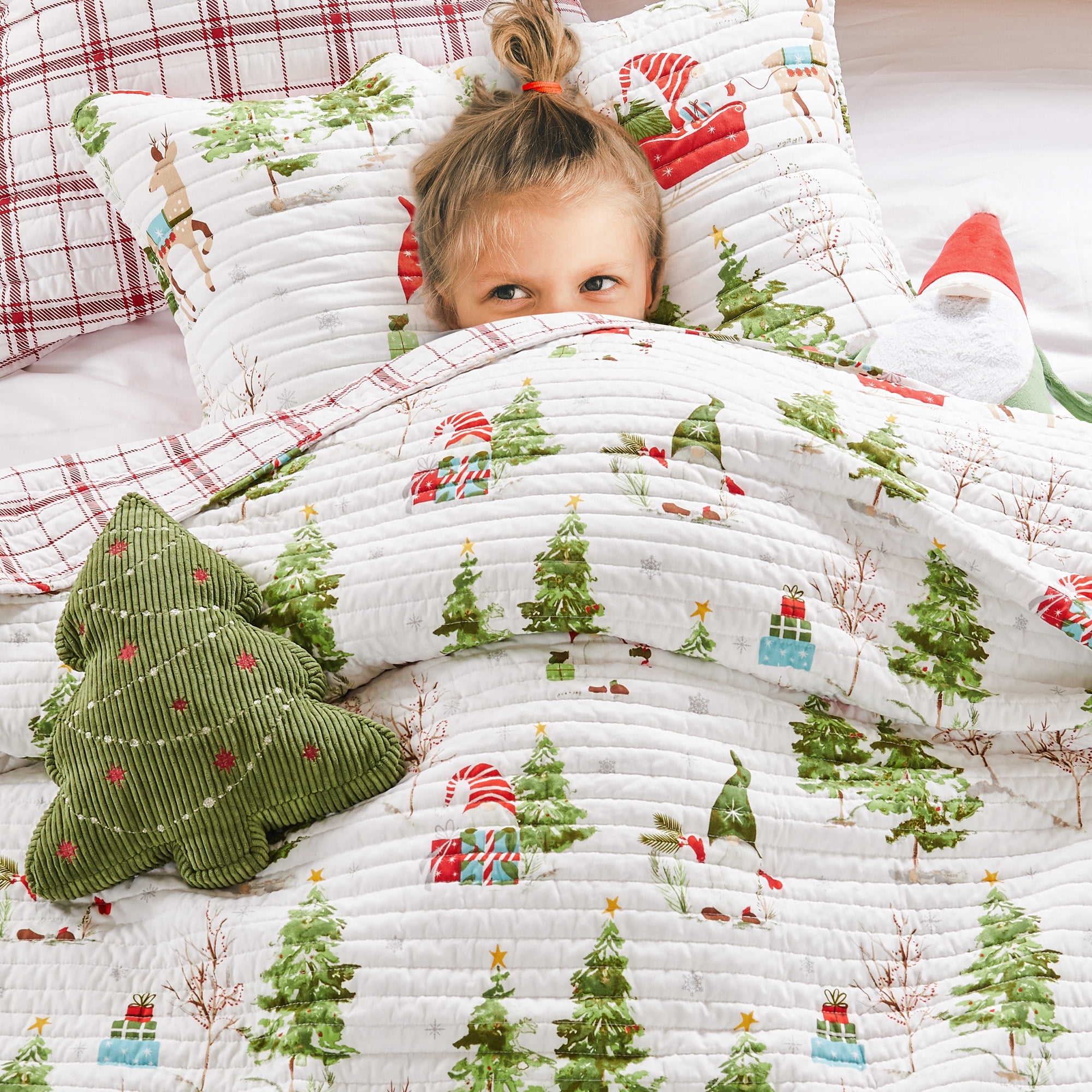 Levtex Home Merry & Bright Collection - Gnome Forest Quilt Set - King Quilt and Two King Shams - Christmas Gnomes - Red, Green, White - Quilt (102x86in.) and Shams (20x36in.) - Reversible - Polyester