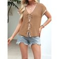 thumbnail image 4 of Women Summer Cable Knit Cardigan Sweater Tie Front V Neck Oversized Knitwear Khaki M, 4 of 8
