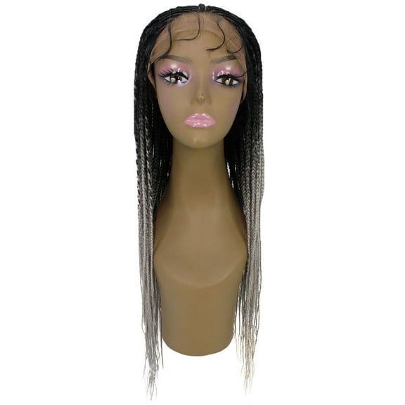 LUXLUXE Kristi Straight 30 Inch Long 4X4 Hand-Tied Lace Braided Wig, Heat Resistant Fiber, 20  Shades of Natural, Dip Dyed, & Blended Colors (#TT1B/Light Grey - Black to Grey Ombre)