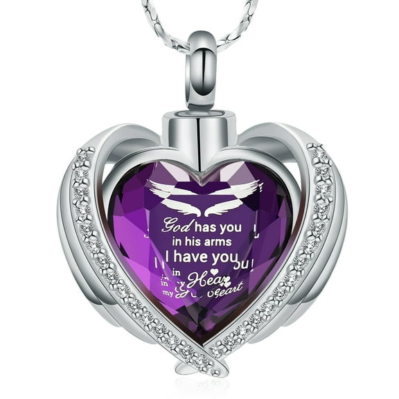 God Has You In His Arm I Have You In My Heart -Angel Wing Crystal Heart Cremation Urn Pendant Cremation Jewelry for Ashes Urn Necklace