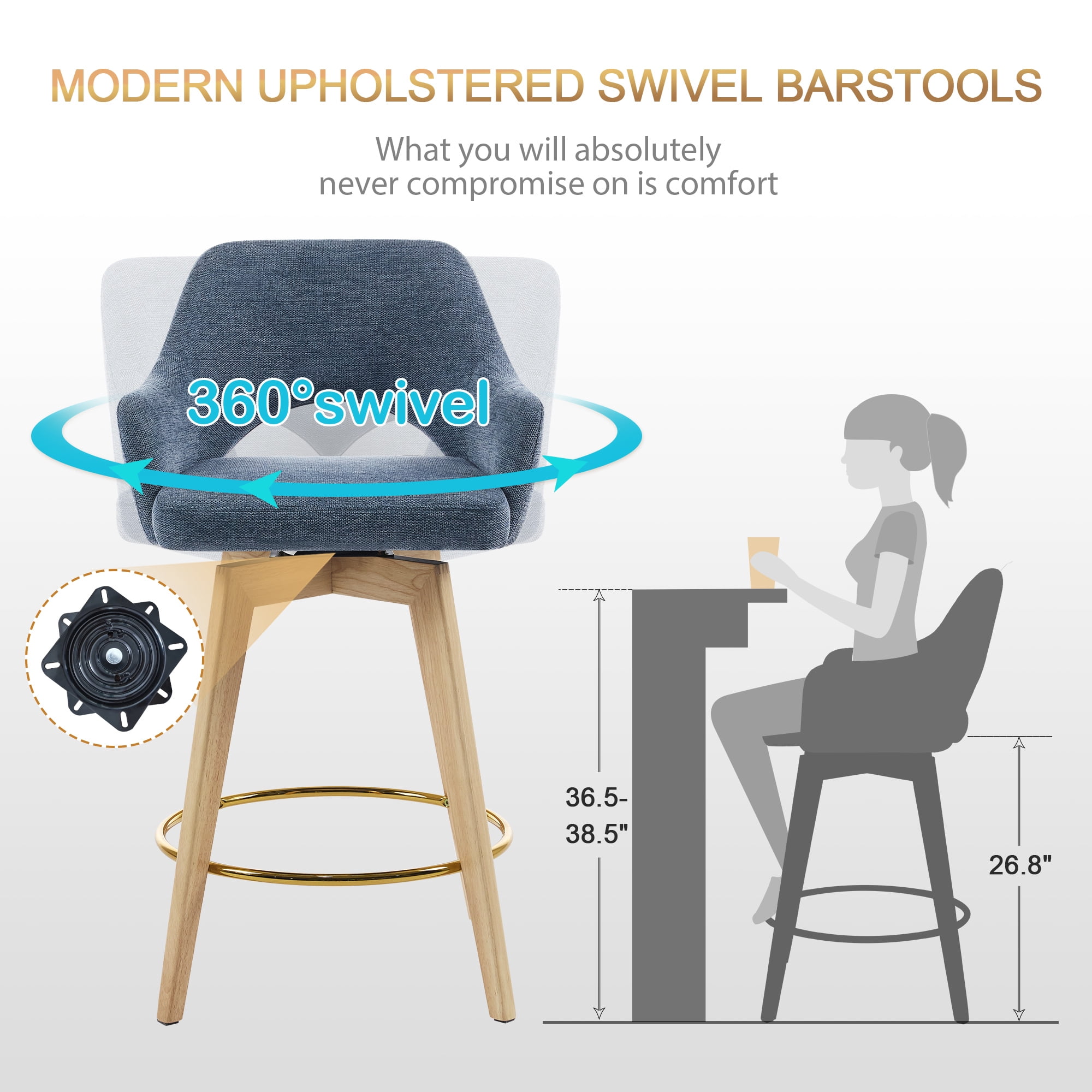 Zesthouse 26.8″ Swivel Counter Height Bar Stools Set of 2, Upholstered Linen Bar Stools with Back and Wood Legs, Mid Century Modern Barstool Island Chairs for Kitchen Counter, Blue
