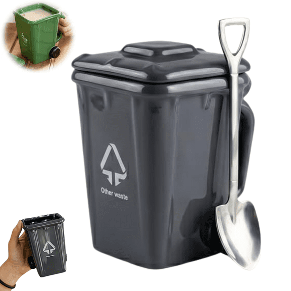 Creative Trash Bin Ceramic Mug with Lid and Spoon, Funny Recycling Bin Coffee Mug, Novelty Trash Can Shaped MugDrinking Tea Cup, Unique Gift for for Office, Coworkers, Home Desk, Daily Use