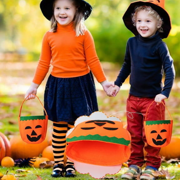 Yannianjz Under $5 Halloween Pumpkin Plush Tote Bucket, Candy Trick or Treat Bag, Cute Halloween Basket with Handle for Kids Girl Boy Trick or Treating, Party Favor Supplies , Kids Gifts Goody Bag