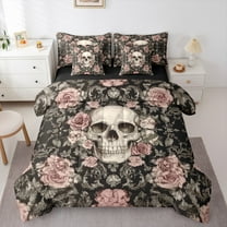jejeloiu Gothic Suger Skull Twin Bedding Sets 7-Piece,Rustic Flower Floral Bedding Comforter Set,Halloween Skeleton Sheet Sets For Girl Boy,Ultra Soft Home Decor Reversible