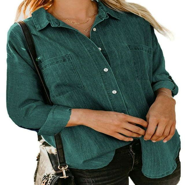 Chemise en Jean Tendance pour Femmes Col à Revers Manches Longues Boutonnée Coupe Décontractée Blouse en Denim