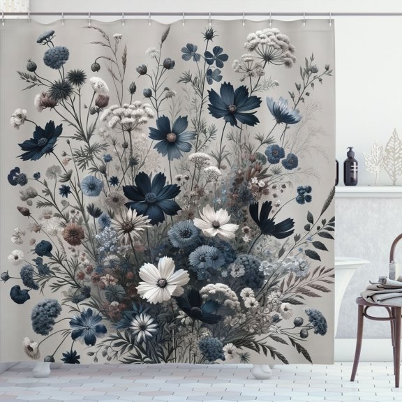 Ambesonne Navy Blue Shower Curtain, Wildflowers Monochrome, 69"Wx84"L, Petrol Blue Coconut