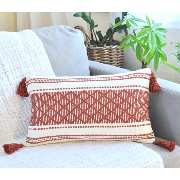 Boho Lumbar Pillow Cover with Tassels, 12x20 Inches, Rust Brown / Beige Decorative Rectangular