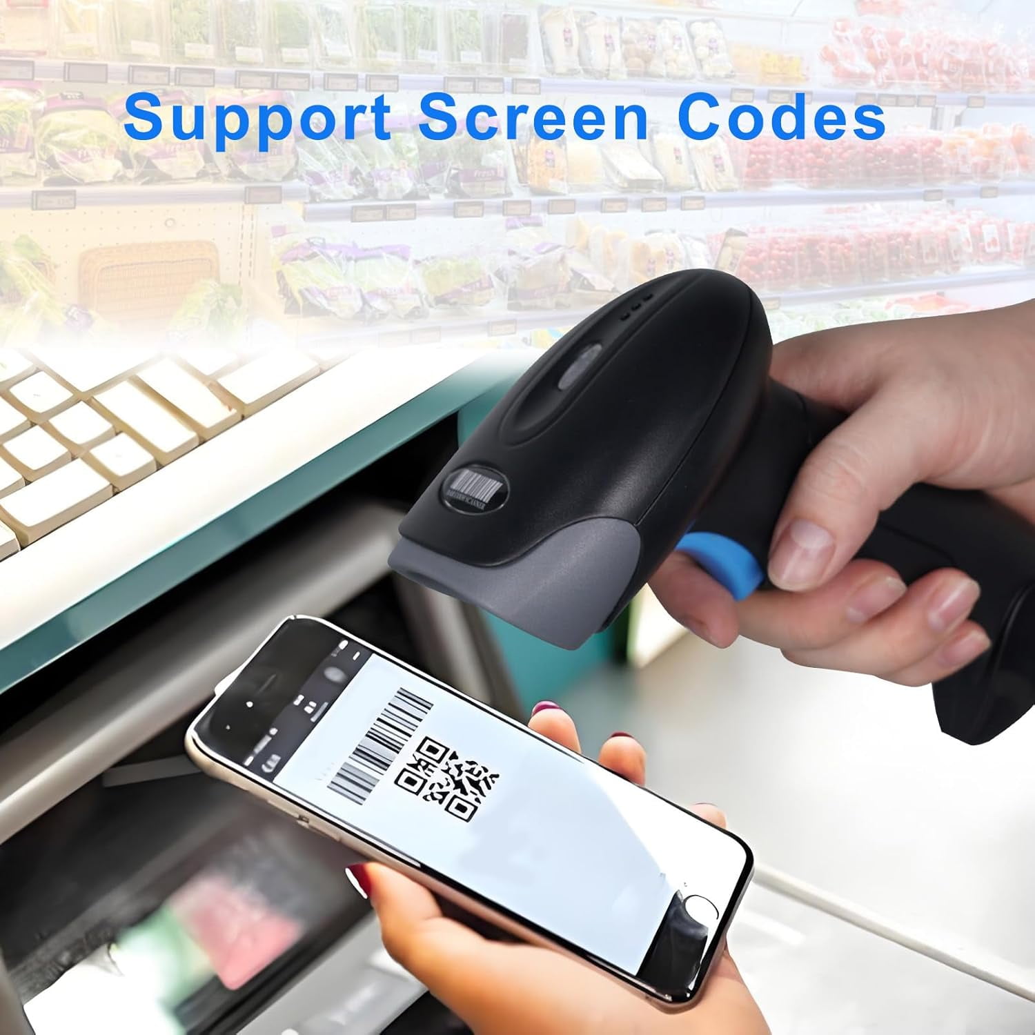 1D 2D QR Barcode Wireless, Handheld Cordless Bar Codes Reader with 2000mAh Battery for Mobile Payment, Convenience Store, Supermarket, Warehouse Inventory