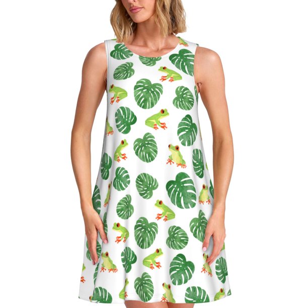 Balery Frogs And Tropical Leaves Vestidos de verano para mujer con estampado: vestido holgado sin mangas, vestido playero informal y cómodo para días calurosos.