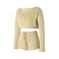 thumbnail image 4 of Gupgi 2Pcs Women Knit Outfits, Solid Color'Stripe Off Shoulder Crop Tops + Elastic Waist Shorts Set, 4 of 5