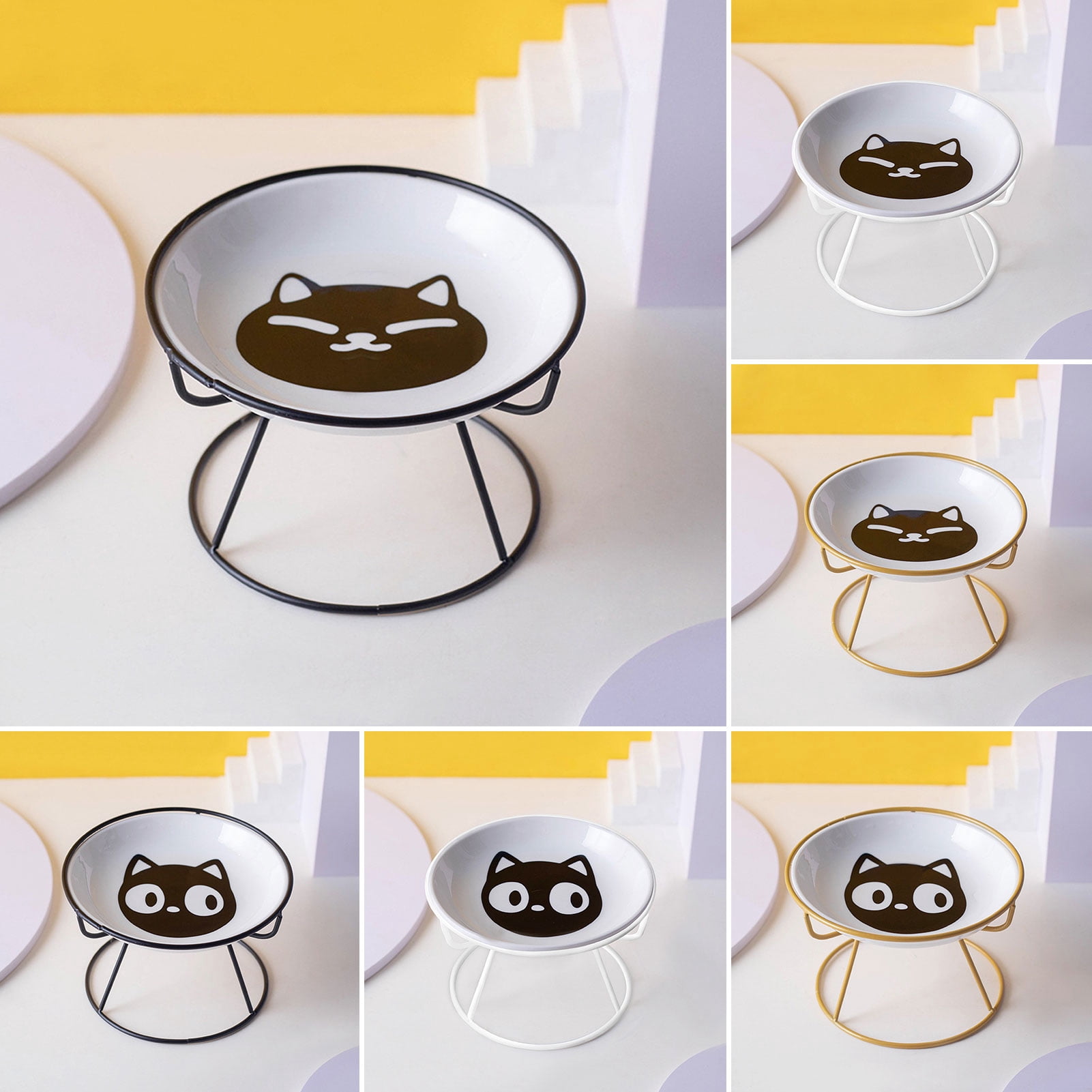 YIFAEUX Elevated Ceramic Cat Bowl Set Anti-Vomit Protect Cervical Vertebrae Indoor Cats Small Pets Colorful Patterns Pet Supplies