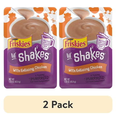 (2 pack) Purina Friskies Pureed Cat Food Toppers, Lil’ Shakes with Enticing Chicken Lickable Cat Treats, 1.55 oz Pouch