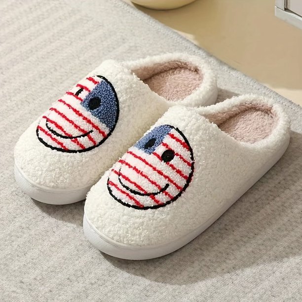 Pantuflas con estampado de cara sonriente a rayas para mujer, zapatos informales con forro de felpa, cómodas zapatillas de interior