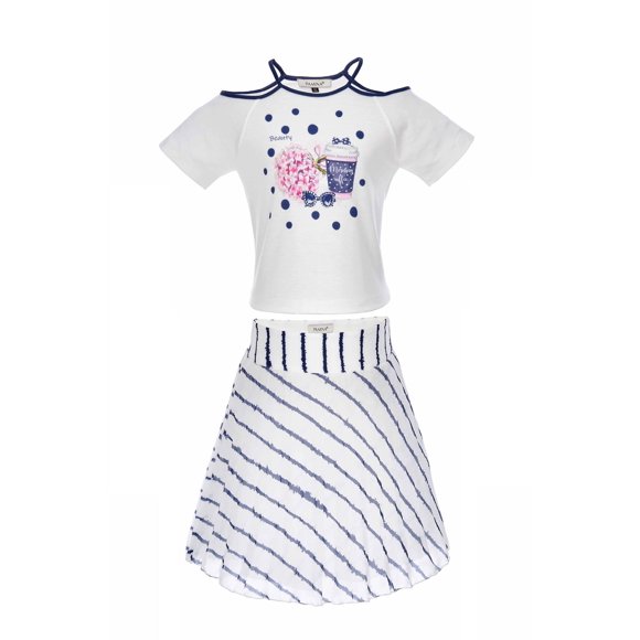 Girls Nautical Charm Cold-Shoulder Tshirt & Skirt Set in Sizes 6-10