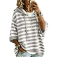 thumbnail image 3 of Pullover Sweaters for Women Oversized Hooded Side Slit Knit Winter Fall Clothes 3/4 Batwing Sleeve Striped Fashion Clothing Casual Drawstring Sweater Pullover Gray XXL, 3 of 7