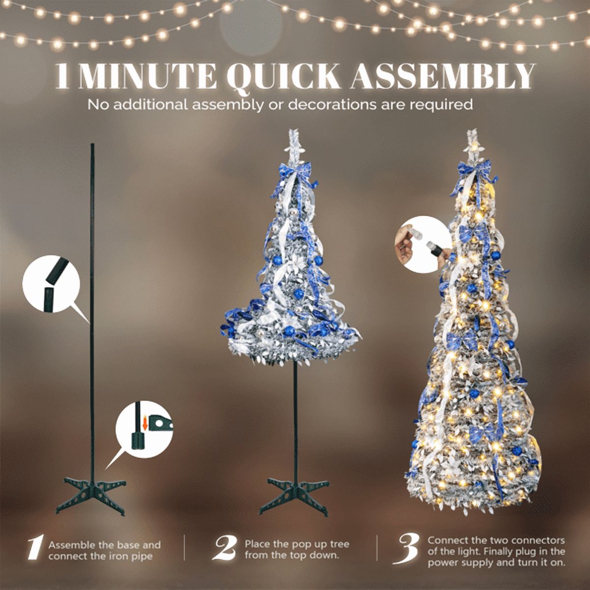 Alvantor 7 ft Fully Decorated Snow-Flocked Pre-Lit Pop-Up Christmas Tree with 200 Warm White LEDs, Remote Control, Blue and Silver Ornaments