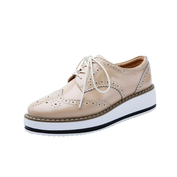 hopeusnice Clearance Women's Platform Oxford Shoes Lace Up Brogue Patent Leather Shoes Comfortable Breathable Wedge Heel Sneakers Beige 40