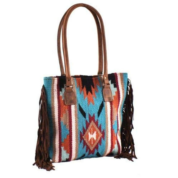 Showman Genuine Leather Teal & Orange Saddle Blanket Handbag w/ Fringe