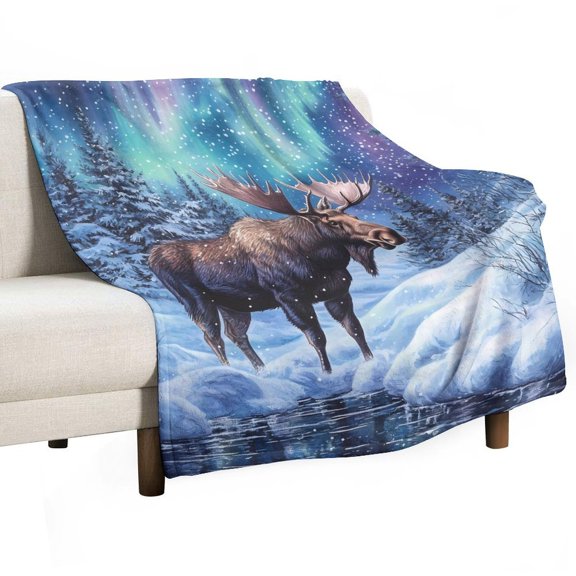 Alaskan Moose with Aurora Borealis Snow Super Soft Blanket Flannel Throw Blanket Flannel Microfiber Blankets for Couch Bed Sofa Fluffy and Warm 50"x60"