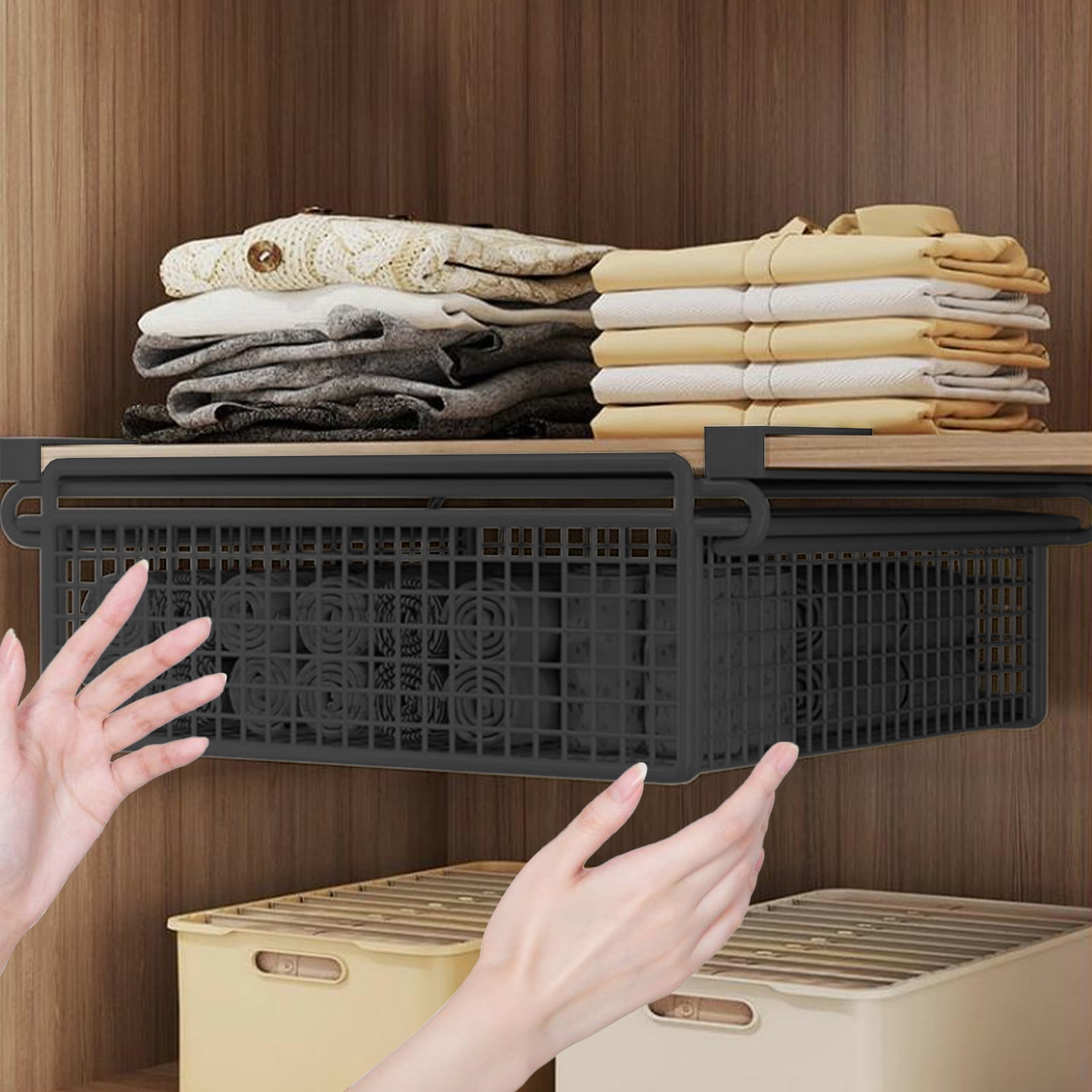 Pull Out Cabinet Storage Basket,Under Cabinet Hanging Drawer,Metal Wire Mesh Storage Basket Organizer,for Kitchen Office Wardrobes Cupboard (Blcak,35x35x10cm)