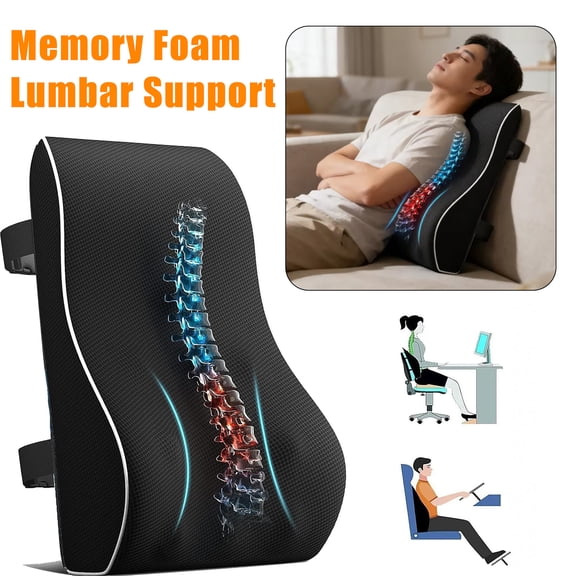 Lumbar Support Pillow for Office & Car, Ergonomic Memory Foam Back Cushion, Large Size Wedge Backrest, Black