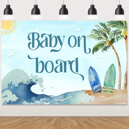 Image of Surf Baby Shower Decorations Baby on Board Backdrop Summer Beach Background for Baby Shower Boy Surf Birthday Party